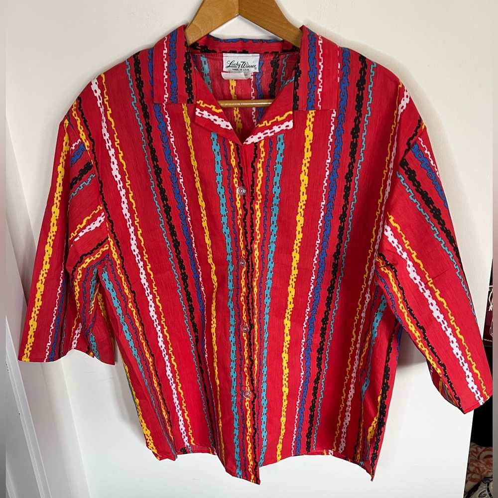 Vintage Lucky Winner Red South Western Blouse Multi Color Oversized Size XL